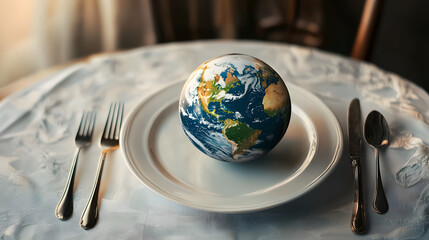 Globe on Dinner Plate with Cutlery Reflecting Global Food Security. World Food Day, International Day of Awareness of Food Loss and Waste