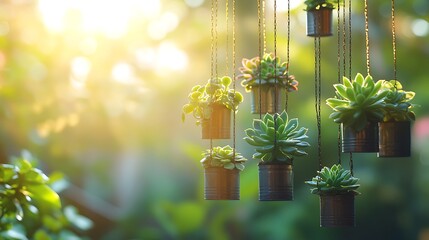 A delicate wind chime with small potted succulents hanging alongside metal tubes, each pot filled with vibrant green succulents. Soft sunlight filters through the leaves,
