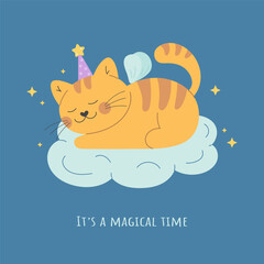 Fototapeta premium Fairy tale cat with wings on the cloud poster