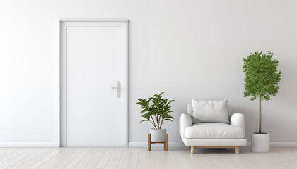 White Door Armchair and Plants in Minimalist Living Room Interior