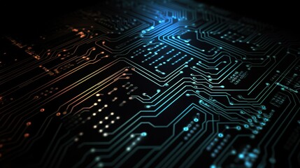 Obraz premium Glowing Neon Circuit Board Pattern on Black Background