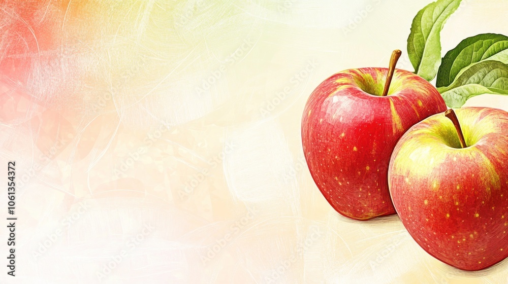 Poster two red apples with green leaves on a light background