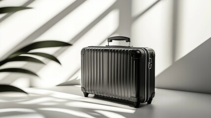 Minimalist Black Suitcase on White Background with Soft Shadows, Studio Photography Concept