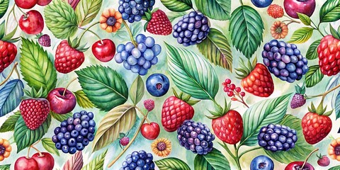 A Vivid Watercolor Illustration Featuring an Abundance of Ripe Berries, Cherries, and Lush Green Foliage, Depicting the Essence of Summer's Bounty