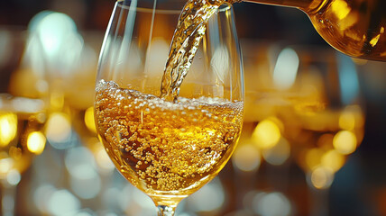 Elegant hand pouring wine into glass, showcasing moody lighting and close up details. bubbles create festive atmosphere, perfect for celebrations