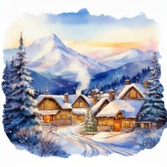 Fototapeta premium Watercolor illustration of a village in the mountains in winter