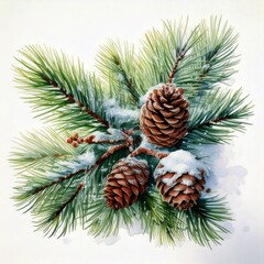Clipart of a spruce branch in the snow with cones on white background