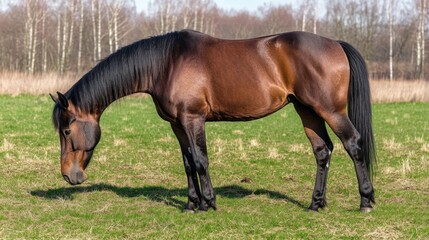 Fototapeta premium A brown horse grazing in a green field with trees in the background.