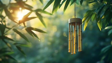Close-up of a bamboo wind chime with earthy tones, hanging delicately among tropical greenery, catching warm sunlight. The bamboo segments sway softly, creating a peaceful, zen-inspired vibe,