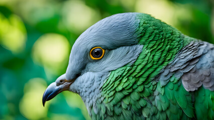 A green bird with a yellow beak and green feathers