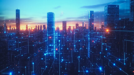 Obraz premium Smart digital Innovation city with connection network reciprocity over the cityscape. of future smart wireless digital city and social media networking systems that connects people with in city