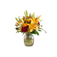 Beautiful Bouquet of Lilies, Carnations, and Other Flowers in Glass Vase