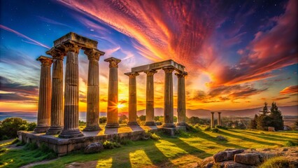 Fototapeta premium Ancient Pillars Stand Tall Against a Dramatic Sunset Sky, Witnessing the Passage of Time and the Majesty of Nature