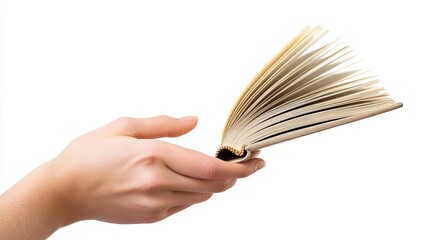 A hand holding an open book with pages fanned out