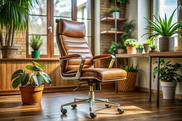 Fototapeta premium Brown Leather Office Chair in Modern Workspace - Stylish Furniture for Productivity and Comfort, Ergonomic Design, Home Office, Contemporary Decor, Elegant Seating Option