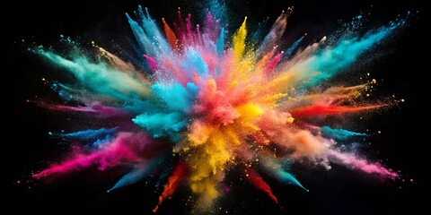 Fototapeta premium A vibrant explosion of colorful powder, a kaleidoscope of hues against a dark backdrop, evokes a sense of energy and celebration.
