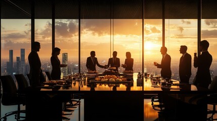 Silhouetted Business People Dining and Networking in Modern City Skyline