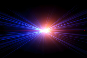 A vibrant display of blue and orange light beams radiating from a central point against a black background, creating a dynamic and energetic visual effect.