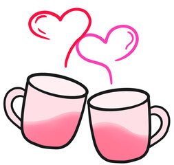 Clear glass with visible background, romantic sweet pink hot drink with heart-shaped smoke