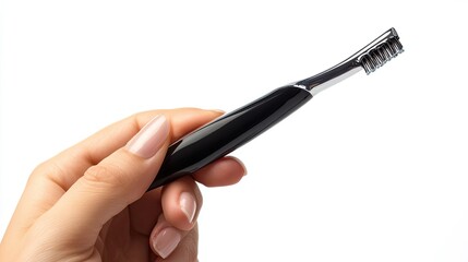 Hand holding a black and silver eyelash brush