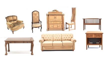 Furniture placed on a white background creates an elegant and inviting space. A harmonious display of home furnishings that inspires interior design.