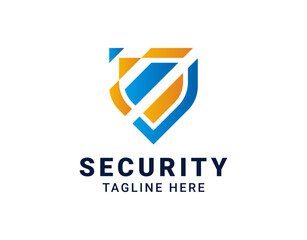 Abstract colorful security shield logo design vector template illustration for digital business with gradient orange and blue colors.