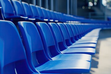 Fototapeta premium Photograph of blue seats in an outdoor stadium for spectators.