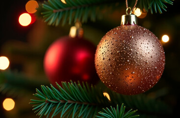Close up view of christmas fir branches with shiny balls, xmas ornaments and lights, christmas holidays background