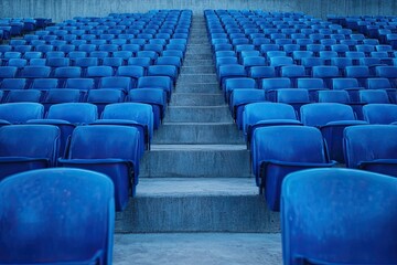 Fototapeta premium Photograph of blue seats in an outdoor stadium for spectators.