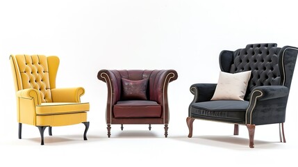 Furniture placed on a white background creates an elegant and inviting space. A harmonious display of home furnishings that inspires interior design.