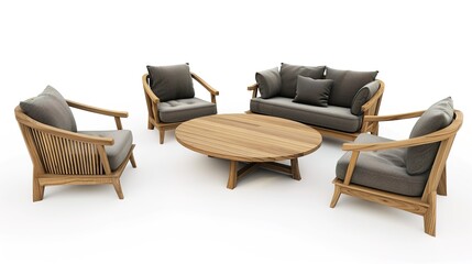 Furniture placed on a white background creates an elegant and inviting space. A harmonious display of home furnishings that inspires interior design.