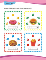 Learn to spell worksheet. Help nursery and kindergarten students enhance their spelling skills with this worksheet featuring words such as donut, burger, pizza, and fries.