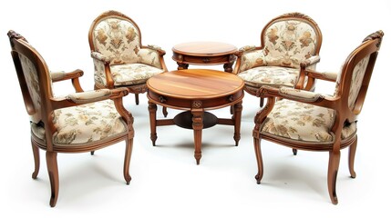 Furniture placed on a white background creates an elegant and inviting space. A harmonious display of home furnishings that inspires interior design.