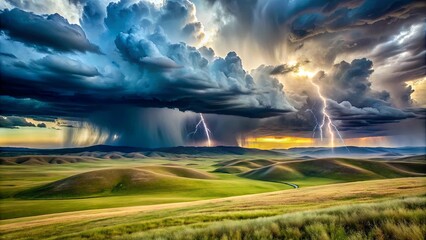 Obraz premium A Dramatic Sunset Sky Over Rolling Hills with Rain and Lightning