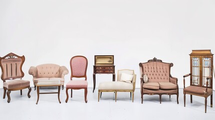 Furniture placed on a white background creates an elegant and inviting space. A harmonious display of home furnishings that inspires interior design.