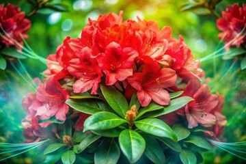 Captivating Double Exposure of Rhododendron Blooms and Lush Greenery - Showcasing Nature's Beauty in a Unique Blend of Vibrant Colors