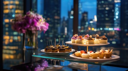 Elegant Dessert Display with Cityscape View