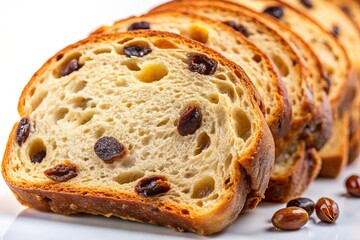 Freshly Baked Raisin Bread Slices on White Background &ndash; Macro Photography of Delicious, Soft, Golden Bread with Sweet Raisins for Culinary Art and Baking Inspiration