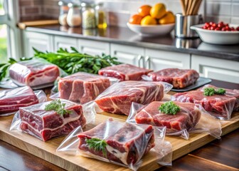 Obraz premium Freshly Cut Meat Prepared for Freezing, Vacuum-Sealed Packages, Protein Storage, Food Preservation Techniques, Raw Meat Divided for Easy Use, Kitchen Organization, Healthy Meal Prep