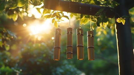 Elegant bamboo wind chime in natural earth tones, gently swaying from a wooden beam in a shaded garden. Sunlight filters through leaves, creating a serene, zen ambiance, hd quality, natural look,