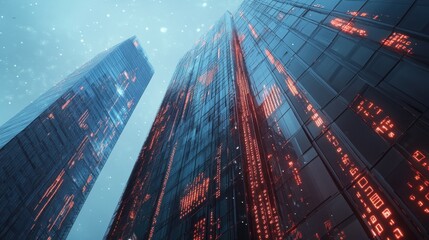 Obraz premium Towering Skyscrapers Reflecting Vibrant Lights in the City