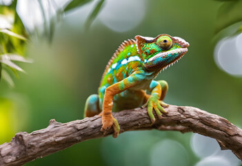 Obraz premium A colorful chameleon perched on a branch with a blurred background.