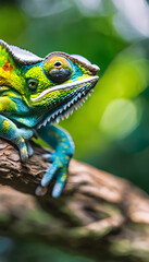 Fototapeta premium A colorful chameleon perched on a branch with a blurred background.