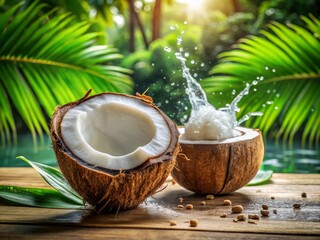 Fresh Young Coconut Halved to Reveal Sweet Flesh and Refreshing Water - Tropical Fruit Photography, Natural Hydration, Healthy Lifestyle, Culinary Delight