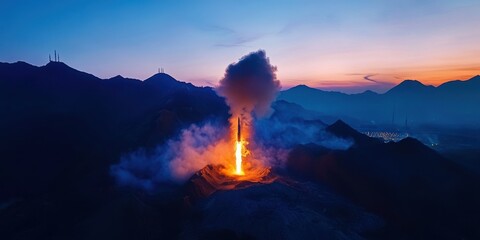 Fototapeta premium Rocket Launch at Dusk from Chinese Mountain Base, Drone View