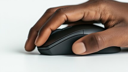 Close-up of a Black Computer Mouse Held by a Person with Brown Skin