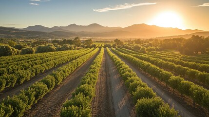Fototapeta premium Aerial view of a lush orchard with rows of trees leading to a mountain range in the distance, bathed in the warm glow of the setting sun.
