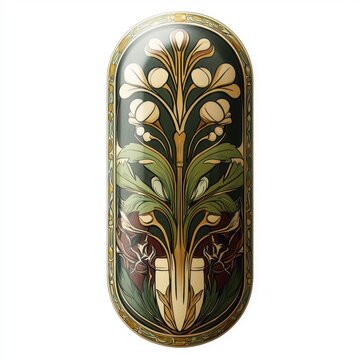 recommend clip art: Art Nouveau-style capsule medicine with flowing lines and intricate details, isolated on white background.