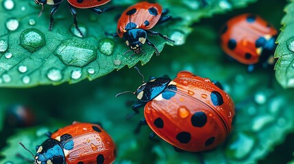 Fototapeta premium Explore the fascinating world of ladybugs nature's colorful garden guardians on dewy leaves