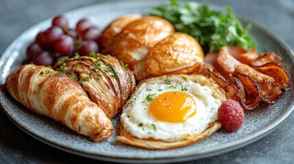 A delicious breakfast spread featuring a sunny-side-up egg, crispy bacon, buttery croissant, fresh grapes, and greens, perfect for a hearty morning meal.